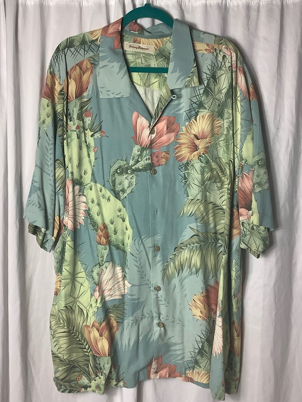 Tommy Bahama Light Teal Tropical Cactus & Floral Camp Shirt